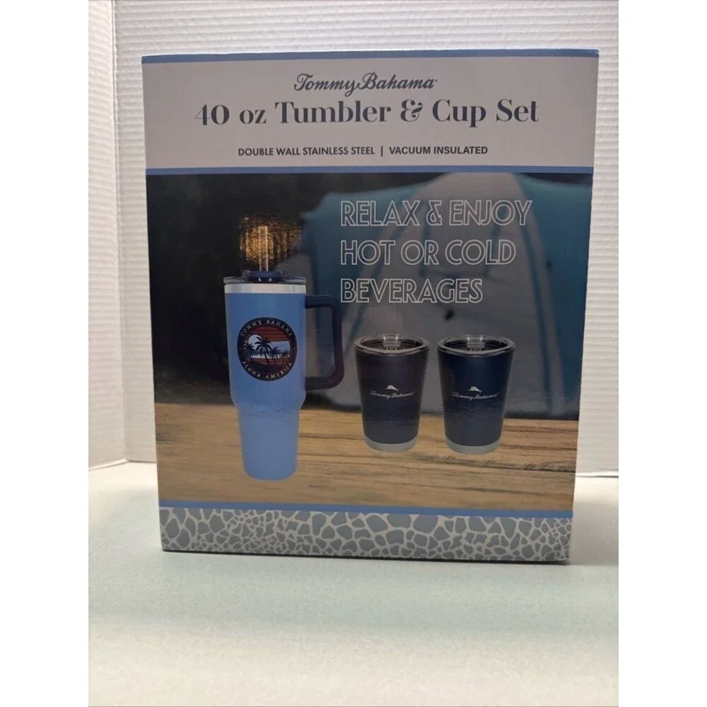 Tommy Bahama Light Blue 40 oz Tumbler & Matching Dark Blue Cups Set